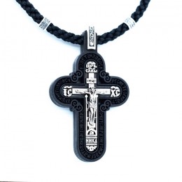 Крест деревянный нательный с молитвой "Отче Наш" с текстильным шнуром и серебряными вставками - арт.05030