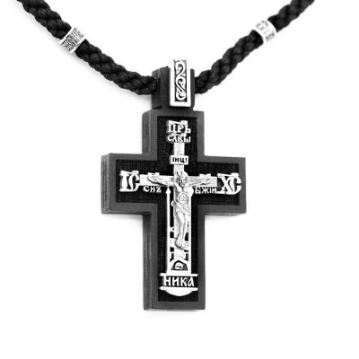 Крест деревянный нательный с молитвами "Да Воскреснет Бог" - "Спаси и Сохрани" - с текстильным шнуром и серебряными вставками - арт. 91050000101201