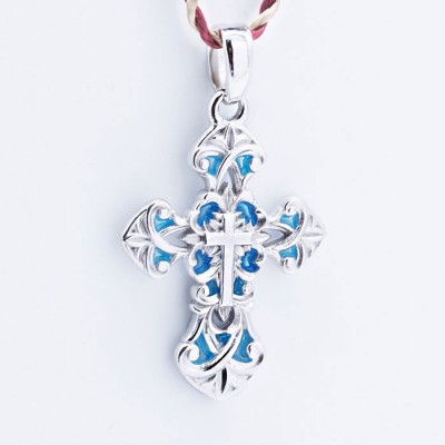 Крест с эмалью и молитвой "Спаси и Сохрани" (серебро с родием) - арт. 19.021Р