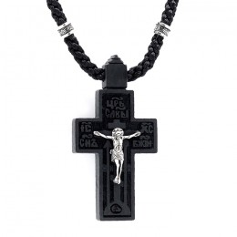 Нательный крест из дерева и серебра с молитвой "Да воскреснет Бог". Комплект с текстильным шнурком - арт. 05050