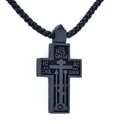 Крест деревянный нательный с текстильным гайтаном большой (старообрядческий) с молитвой "Да воскреснет Бог" - 10050008003501