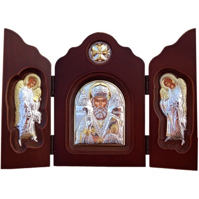 Триптих - Николай Чудотворец с Ангелами хранителями. Шелкография, оклад в серебре. Основание из дерева - арт. NI33013212