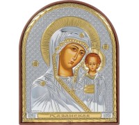 Икона Божией Матери Казанская. Шелкография, оклад в серебре. Золотой декор. Основание из пластика 4х5,6  см - арт. EK1PAG-004
