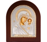 Икона Божией Матери Казанская. Шелкография, оклад в серебре. Золотой декор. Основание из дерева 11х13  см - арт. EK3-004XAG