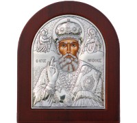 Икона св. Николай Чудотворец. Шелкография, оклад всеребре. Основание из дерева 15,6х19 см - арт. EK4XA-009