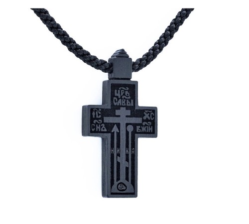 Крест деревянный нательный с текстильным гайтаном средний (старообрядческий) с молитвой "Да воскреснет Бог" - арт. 10050007003501