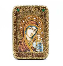 Икона Божией Матери "Казанская" на мореном дубе ручной работы с натуральными камнями в подарочном футляре - R21