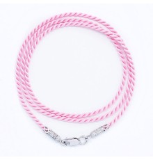 Шнурок шелковый крученый с серебряными концевиками замком - карабином - ярко - розовый - арт. Гт150
