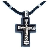 Крест деревянный нательный с молитвами "Да Воскреснет Бог" - "Спаси и Сохрани" - "Живый в помощи" - " с текстильным шнуром и серебряными вставками 