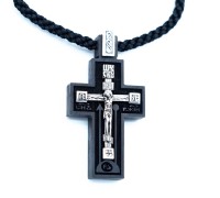 Крест деревянный нательный - Распятие Христово - Николай Чудотворец - молитва "Да Воскреснет Бог" - "Отче Наш" с текстильным шнуром и серебряными вставками 