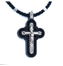 Крест деревянный нательный с молитвой "Отче Наш" с текстильным шнуром и серебряными вставками 