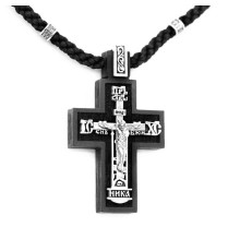 Крест деревянный нательный с молитвами "Да Воскреснет Бог" - "Спаси и Сохрани" - с текстильным шнуром и серебряными вставками 