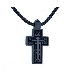 Крест деревянный нательный с текстильным гайтаном малый (старообрядческий) с молитвой "Да воскреснет Бог" - 05060