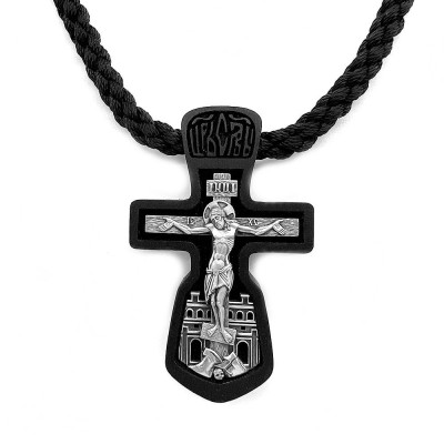 Крест деревянный с текстильным шнуром и серебряными вставками с молитвами - арт. 91050010001101