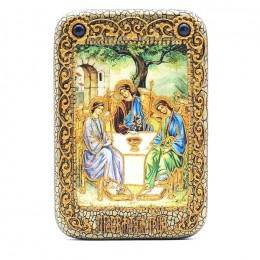 Икона "Святая Троица" на дубе ручной работы с натуральными камнями в подарочном футляре - арт. R30